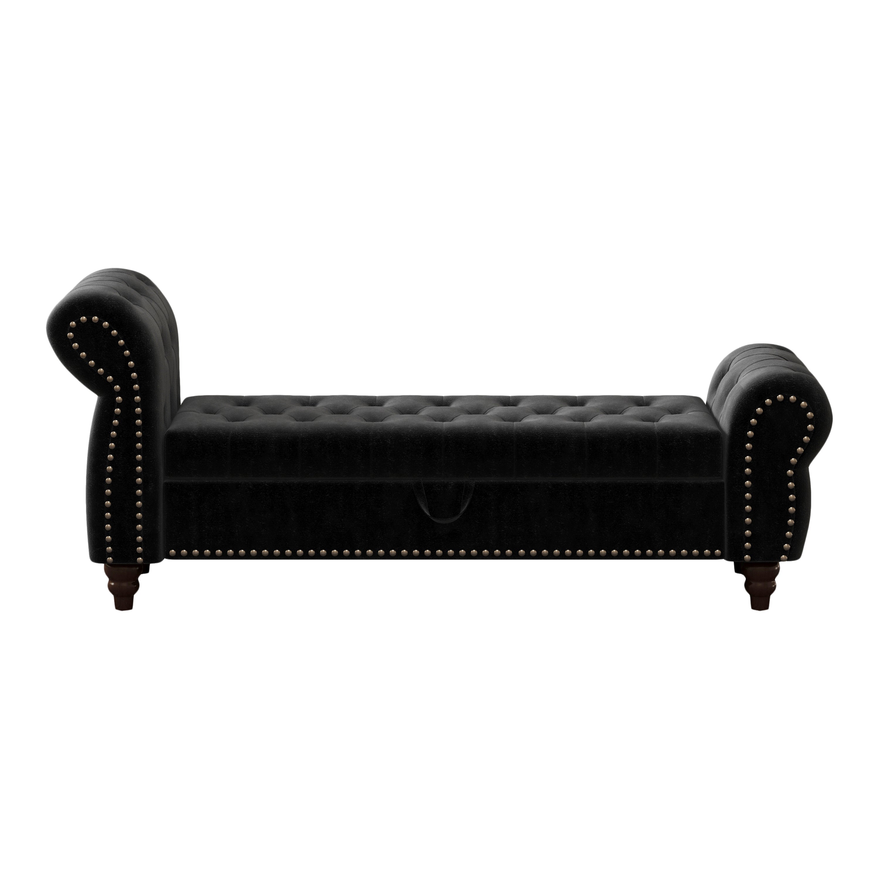 64.5' Bed Bench for Bed Room Nails Tufted Chaise of Lounge with Storage Velvet Upholstery Black - Grand Goldman Shop