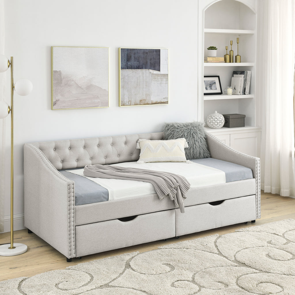Mid-Century Twin Size Daybed with Drawers, Button Tufted Back and Copper Nail Trimmed Waved Arms, Beige Linen Upholstery, 81.5''x41''x30.5'' - Grand Goldman Shop