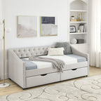 Mid-Century Twin Size Daybed with Drawers, Button Tufted Back and Copper Nail Trimmed Waved Arms, Beige Linen Upholstery, 81.5''x41''x30.5'' - Grand Goldman Shop