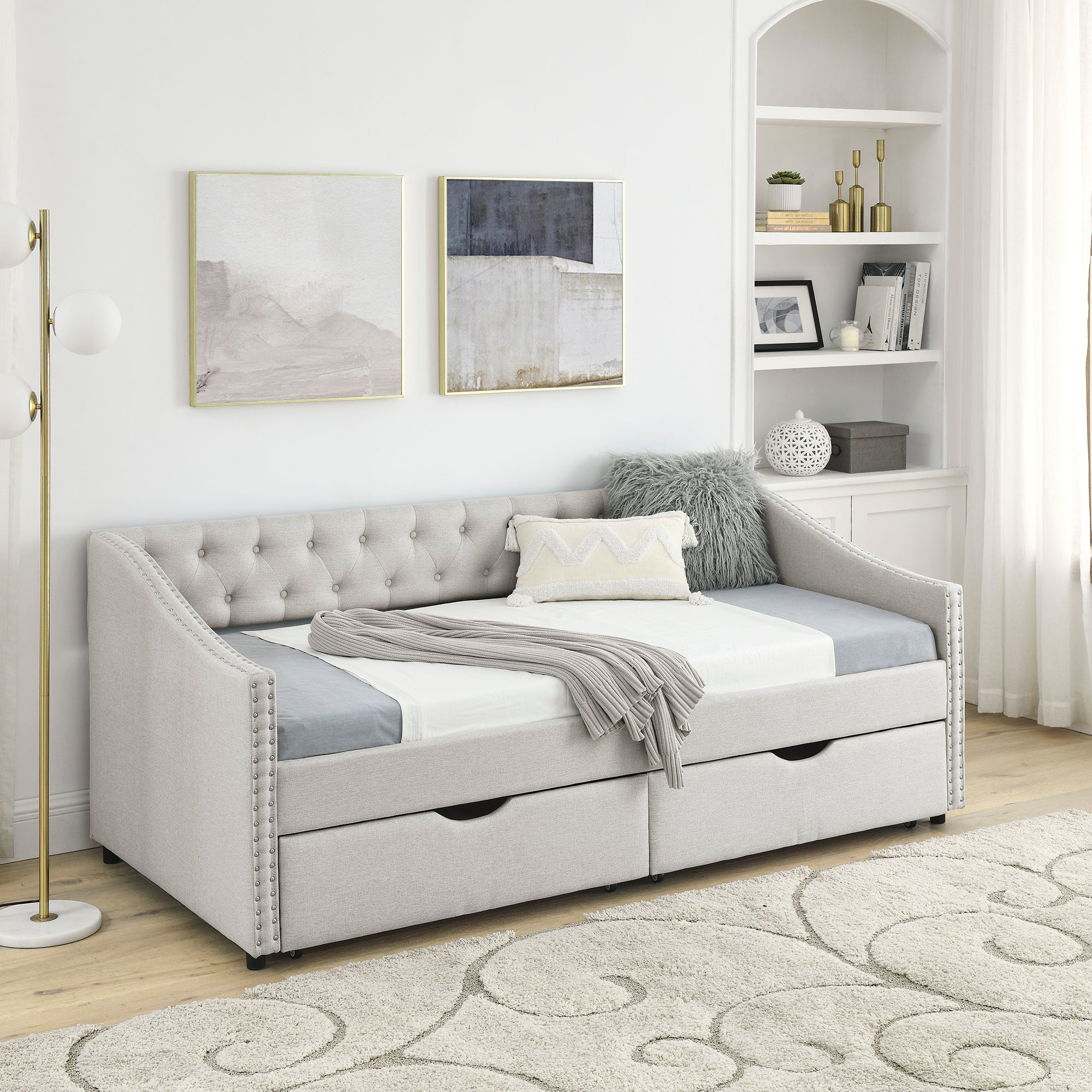 Mid-Century Twin Size Daybed with Drawers, Button Tufted Back and Copper Nail Trimmed Waved Arms, Beige Linen Upholstery, 81.5''x41''x30.5'' - Grand Goldman Shop