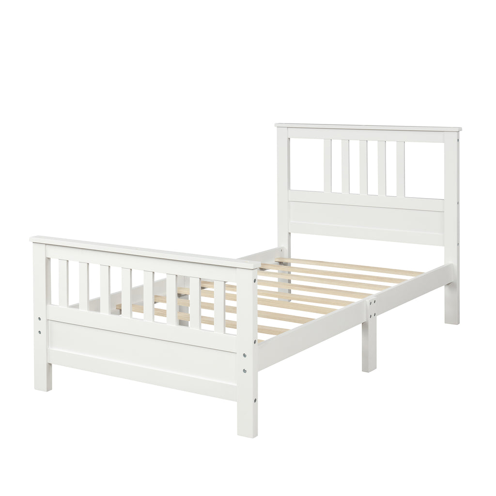 White Pine Wood Platform Bed with Paneled Headboard and Footboard, Twin Size, Solid Wood Frame with 10 Slats - Grand Goldman Shop