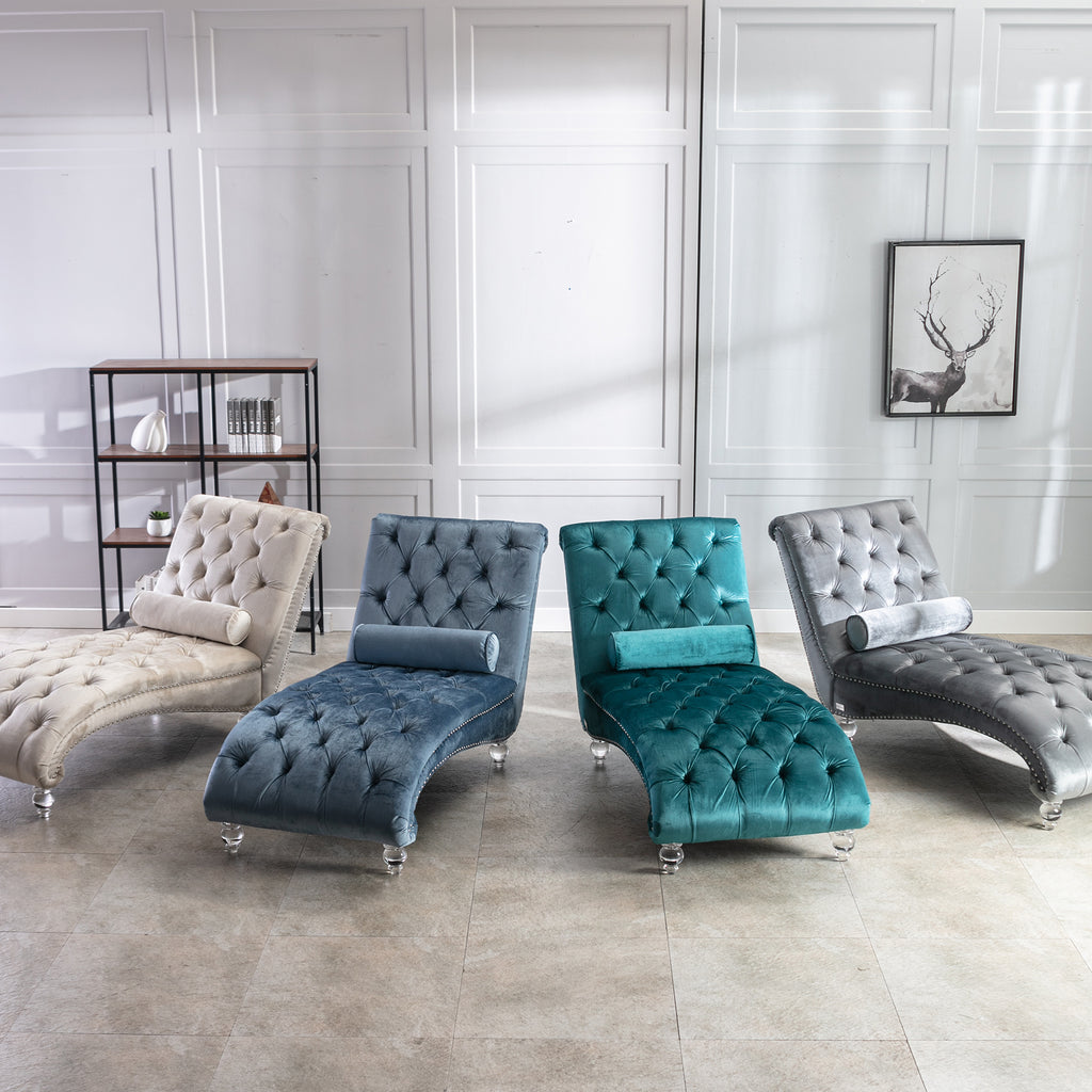 Velvet Chaise Lounge Indoor, Button-Tufted Upholstered Chaise Lounge Chair with Pillow, Teal Velvet, 63.38 inch - Grand Goldman Shop
