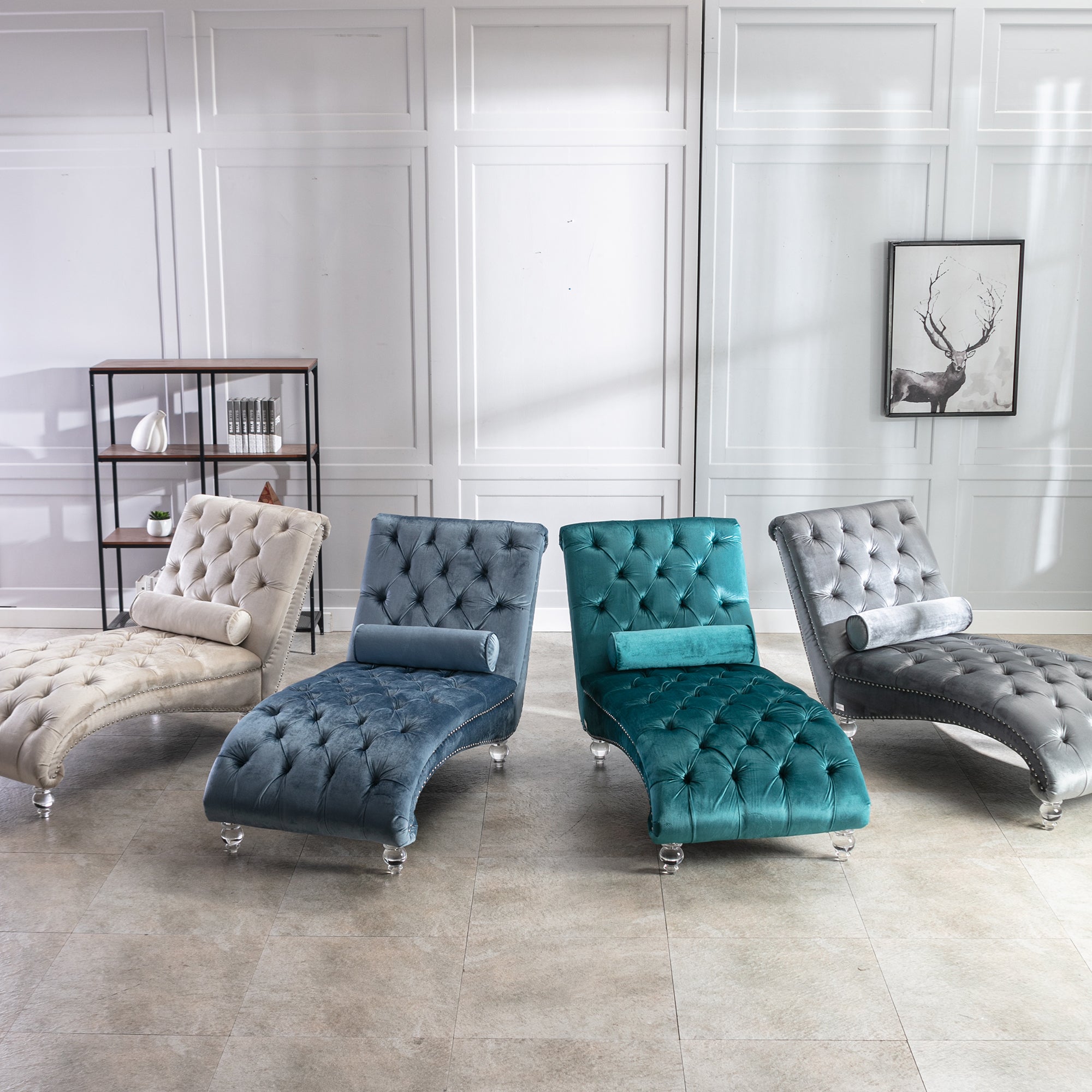 Velvet Chaise Lounge Indoor, Button-Tufted Upholstered Chaise Lounge Chair with Pillow, Silver Velvet, 63.98 Inches - Grand Goldman Shop