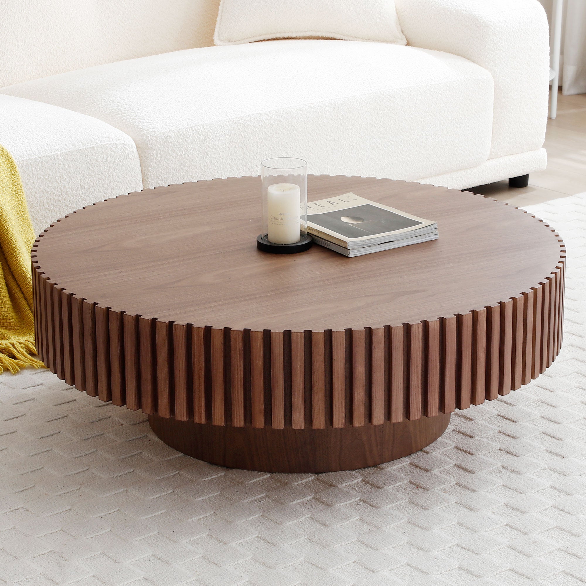 31.49'' Round Coffee Table Small Coffee Table for Apartment, Modern Living Room Coffee Table with Sturdy Pedestal,WALNUT (Same Sku:W876P243947) - Grand Goldman Shop