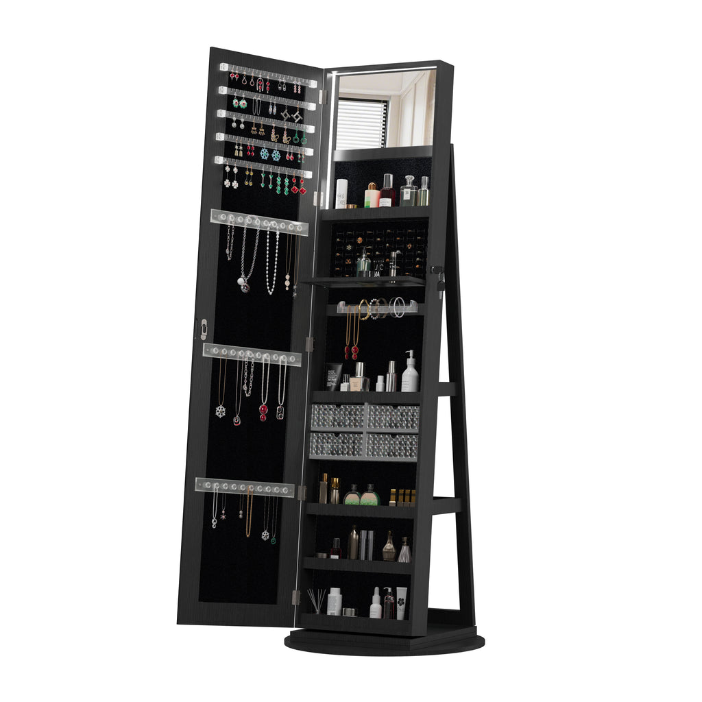 360°Swivel Jewelry Cabinet with Full Length Mirror, 360°Rotating Standing Jewelry Armoire Organizer, Lockable Storage Cabinet, Interior Lighted Mirror, Black - Grand Goldman Shop
