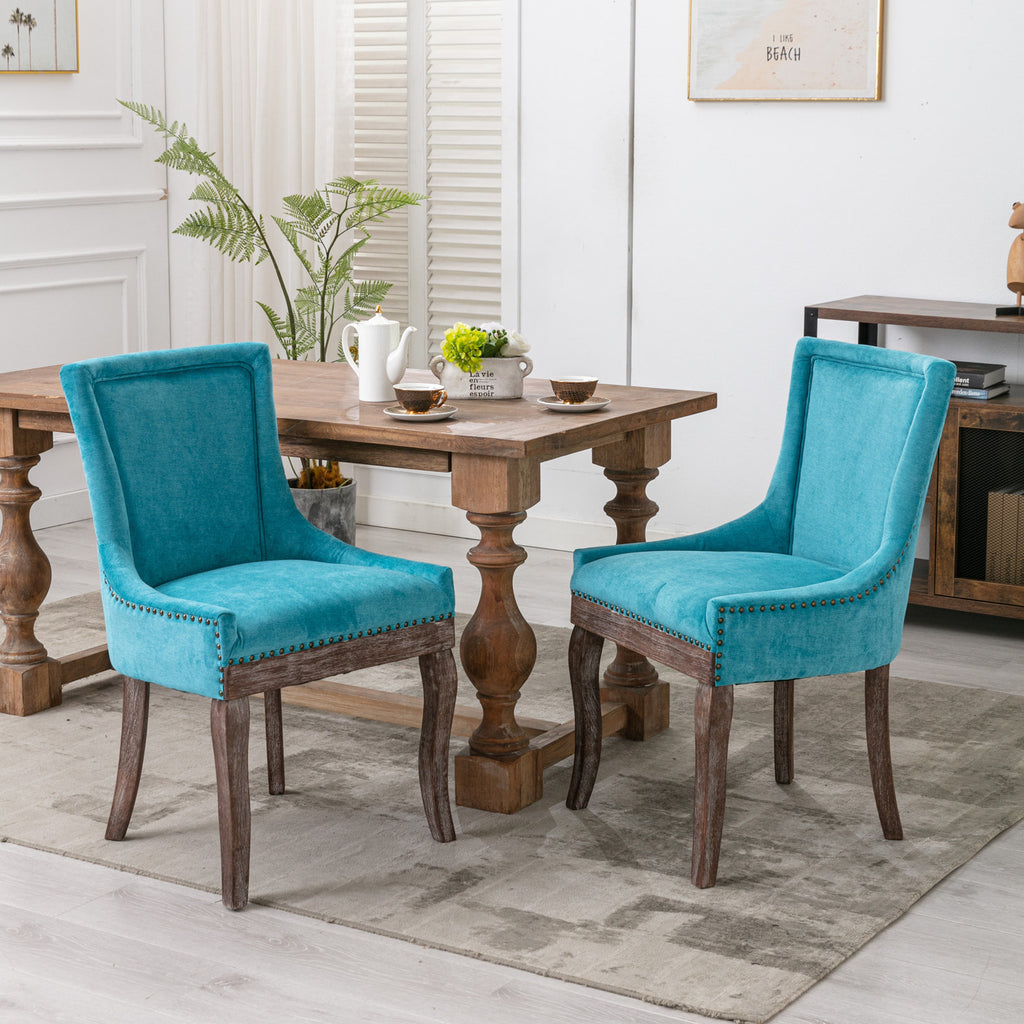 A&A Furniture,Ultra Side Dining Chair，Thickened fabric chairs with neutrally toned solid wood legs， Bronze nail head，Set of 2，Blue - Grand Goldman Shop