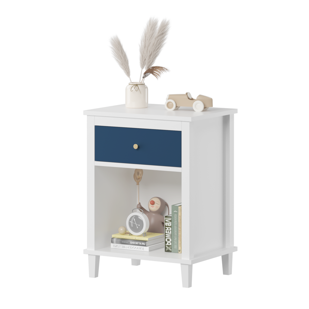 Navy+Golden Handle Wooden Nightstand with One Drawer One Shelf for Kids and Adults, White+Navy Finish, MDF Material, 26.77''H - Grand Goldman Shop