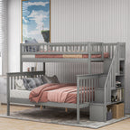 Twin Over Full Stairway Bunk Bed with Storage in Gray, Solid Pine Wood and MDF, 90.8''L x 57.8''W x 65.3''H - Grand Goldman Shop
