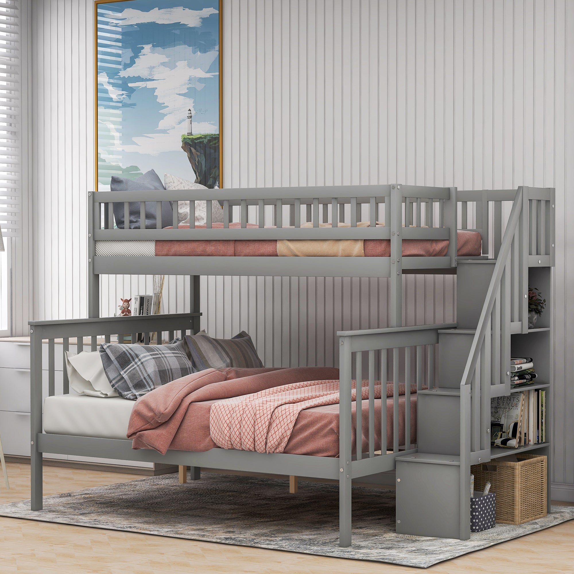 Twin Over Full Stairway Bunk Bed with Storage in Gray, Solid Pine Wood and MDF, 90.8''L x 57.8''W x 65.3''H - Grand Goldman Shop