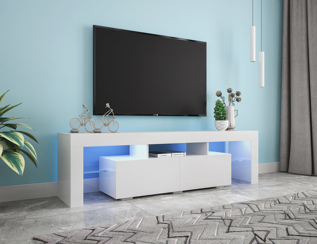 Modern White TV Stand, 20 Colors LED TV Stand w/Remote Control Lights - Grand Goldman Shop