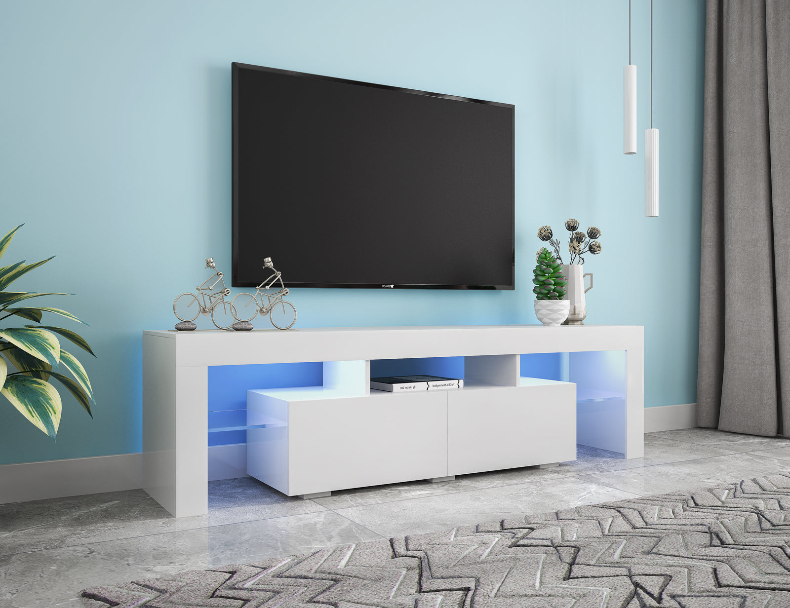 Modern White TV Stand, 20 Colors LED TV Stand w/Remote Control Lights - Grand Goldman Shop
