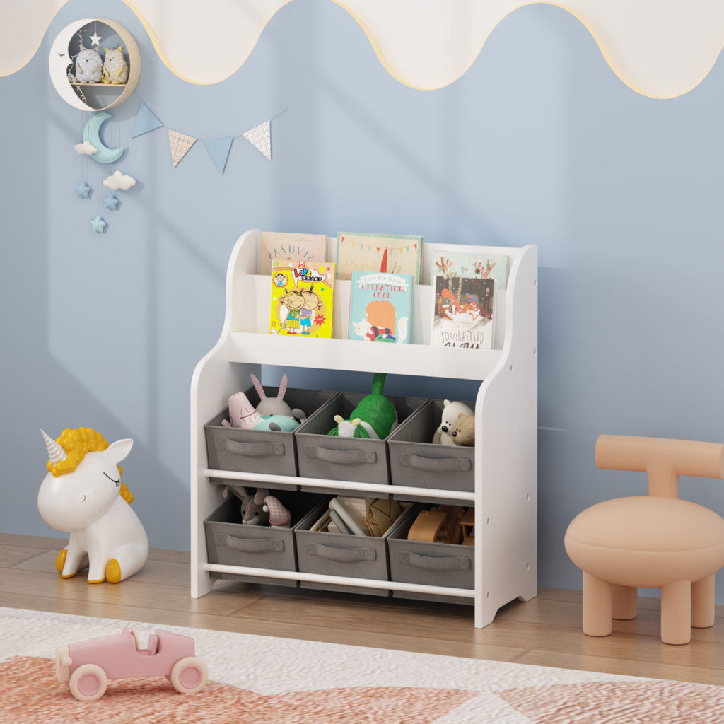 Kids Bookshelf with 6 Fabric Storage Bins, Multi-Functional Children's Bookcase and Toy Organizer, Front-Facing Display Shelf