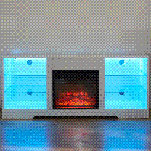 TV Stand Electric Fireplace TV Stand with Glass Shelves, 3D Fireplace TV Stand with LED Lights Wood with USB Charging Outlet Modern Television Table Center for TV up to 32-62' White 58''W*15.4''D*24.6 - Grand Goldman Shop