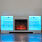 TV Stand Electric Fireplace TV Stand with Glass Shelves, 3D Fireplace TV Stand with LED Lights Wood with USB Charging Outlet Modern Television Table Center for TV up to 32-62' White 58''W*15.4''D*24.6 - Grand Goldman Shop