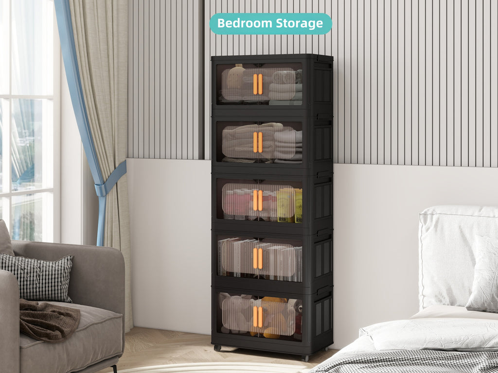 Black, 20' Side Wide Folding Storage Cabinet ,3 Tiers,19.69'×11.81'×31.10',Collapsible Storage Bins with Magnetic Door, Plastic Storage Cabinet with Wheels - Grand Goldman Shop