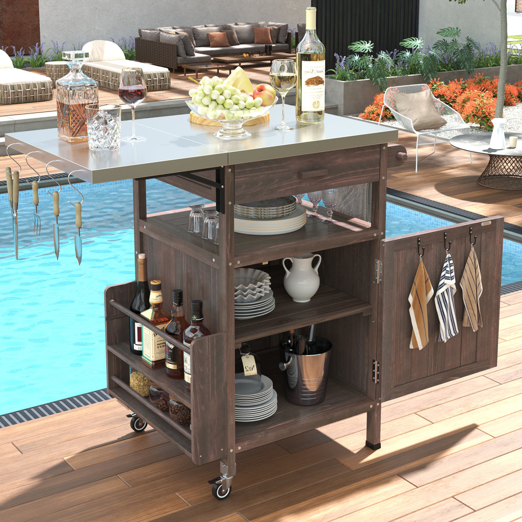 K&K 40.5' Outdoor Grill Cart with Stainless Steel Top, Solid Wood Outdoor Storage Cabinet with Drop Leaf, One Drawer, Towel Rack, Rolling Kitchen Cart with Lockable Wheels for Lawn Garden, Brown - Grand Goldman Shop