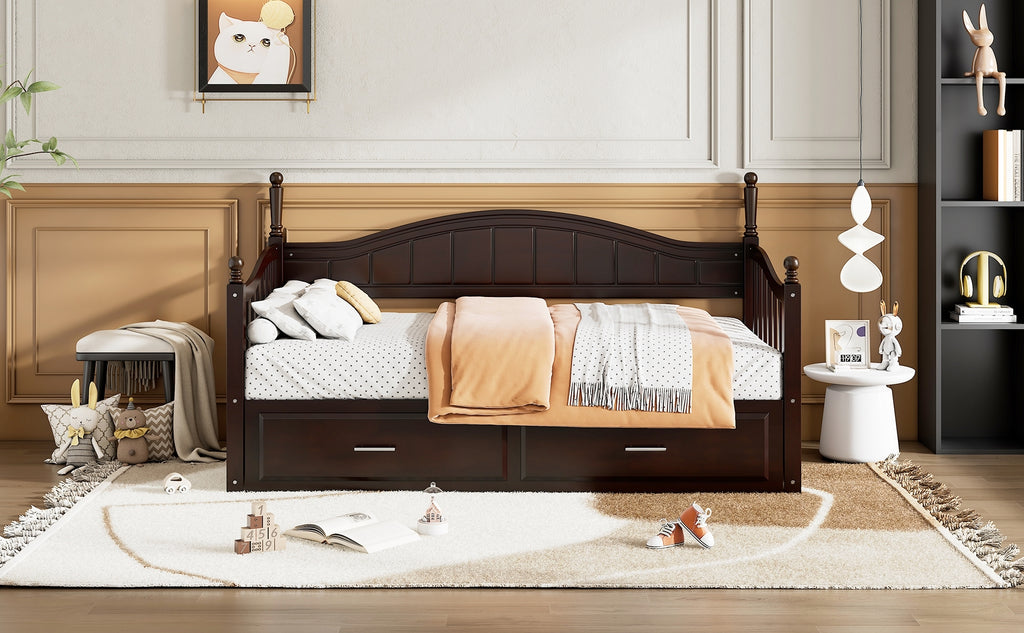 Wooden Twin Size Daybed with Twin Size Trundle, Extendable Daybed with Two Storage Drawers, Espresso(Expected Arrival Time:9.12) - Grand Goldman Shop