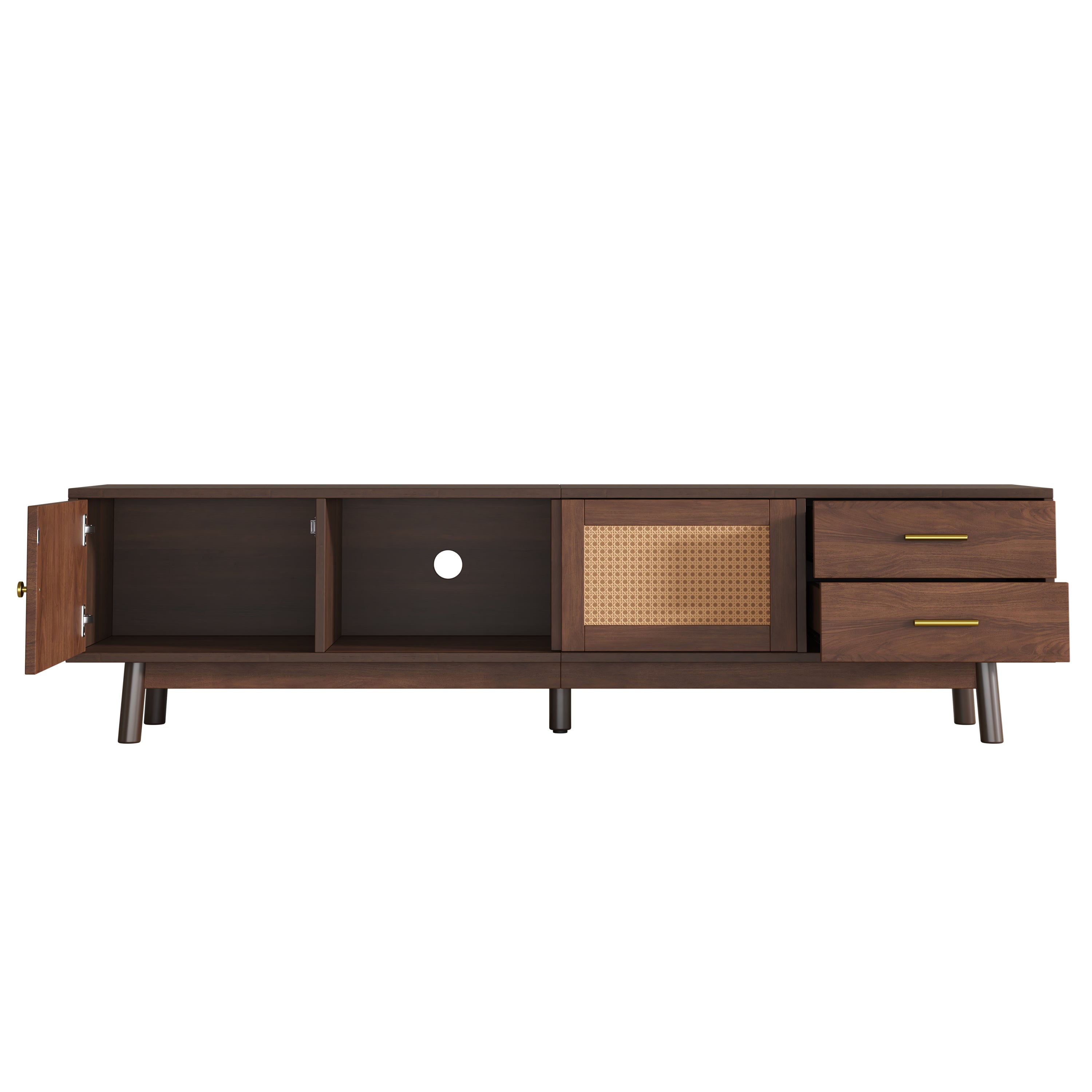 Mid Century Modern TV Stand for 80' TVs with Sliding Doors and Drawers, Dark Brown Rattan Accent Storage Unit in Solid Wood and MDF, 70.87' L x 15.35' W x 18.11' H - Grand Goldman Shop