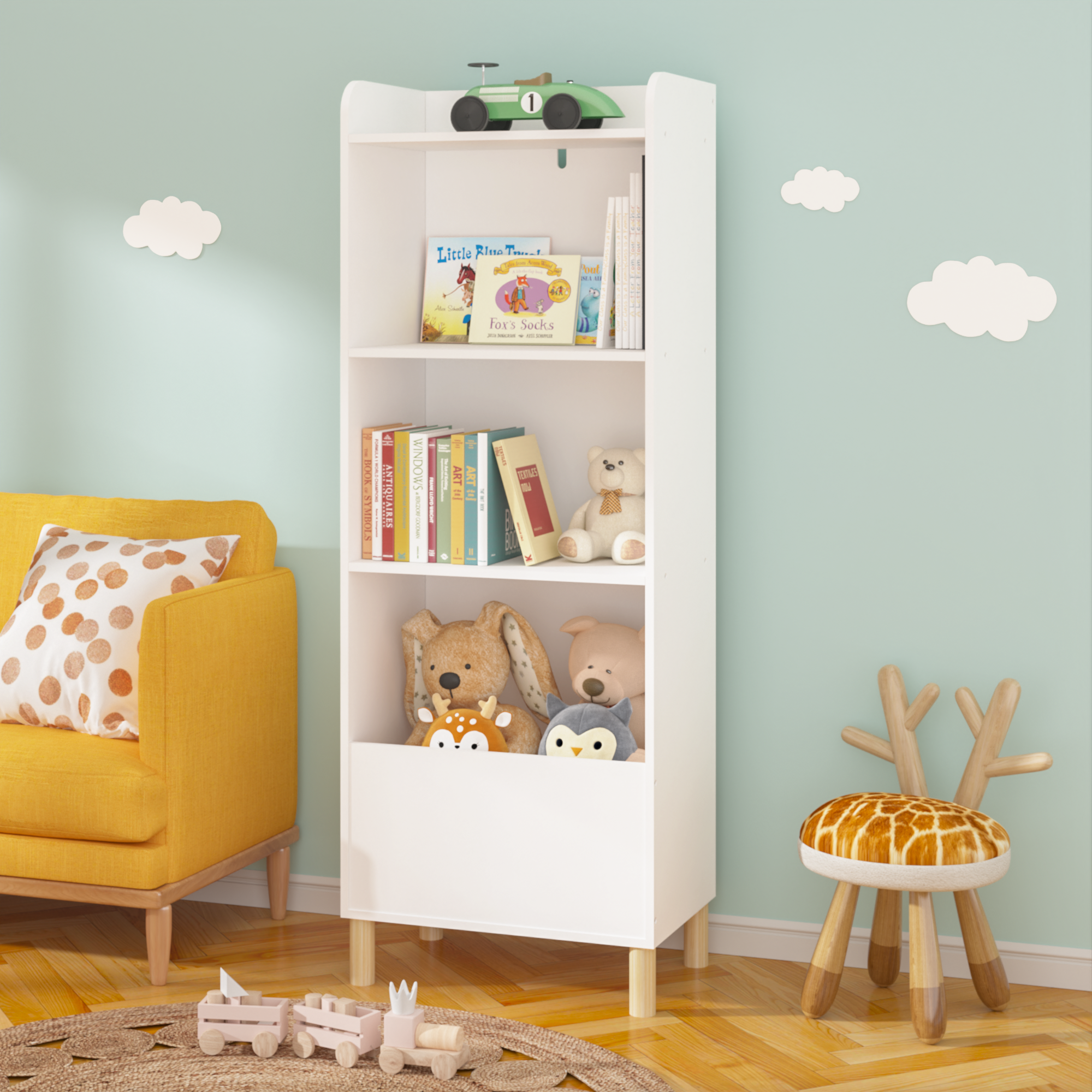 Kids 4-Tier Bookcase, Children's Book Display with Safety Restraint, White MDF & Pine Wood Storage Cabinet for Nursery, Playr
