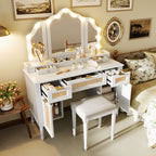 44.37 ' Makeup Vanity Desk with 13 Hollywood Bulbs and 3 Lighting Modes, Dressing Table with Tri-Fold Mirror   Large Vanity Table with 5 Drawers and Shelves and  Charging Station for Bedroom, White - Grand Goldman Shop