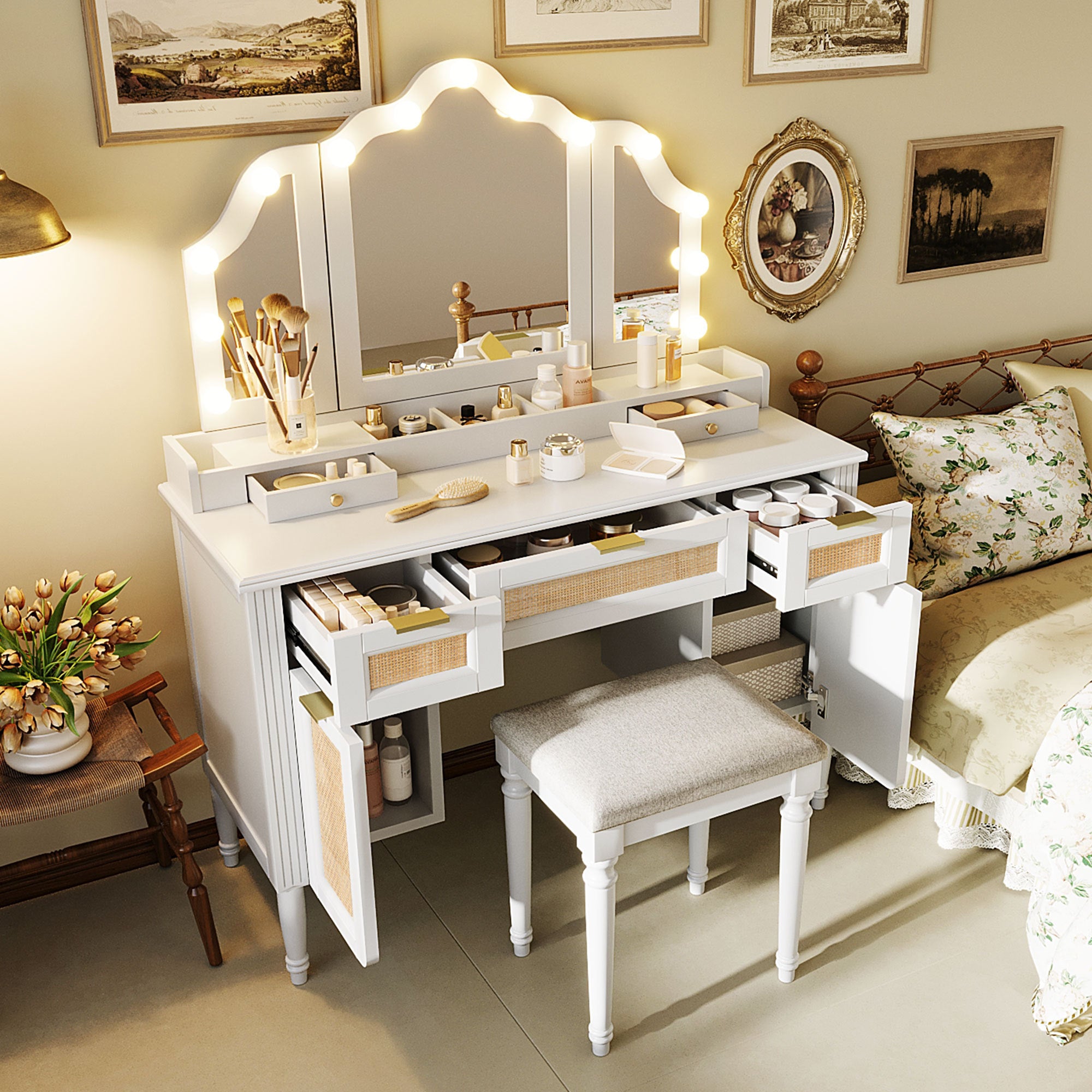 44.37 ' Makeup Vanity Desk with 13 Hollywood Bulbs and 3 Lighting Modes, Dressing Table with Tri-Fold Mirror   Large Vanity Table with 5 Drawers and Shelves and  Charging Station for Bedroom, White - Grand Goldman Shop