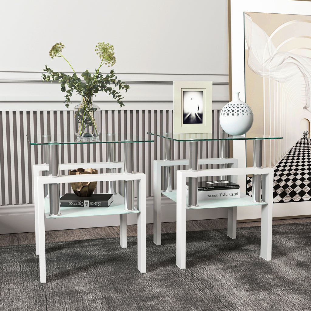 Set of 2, Modern Tempered Glass Tea Table Coffee Table End Table, Square Table for Living Room, Transparent/White - Grand Goldman Shop