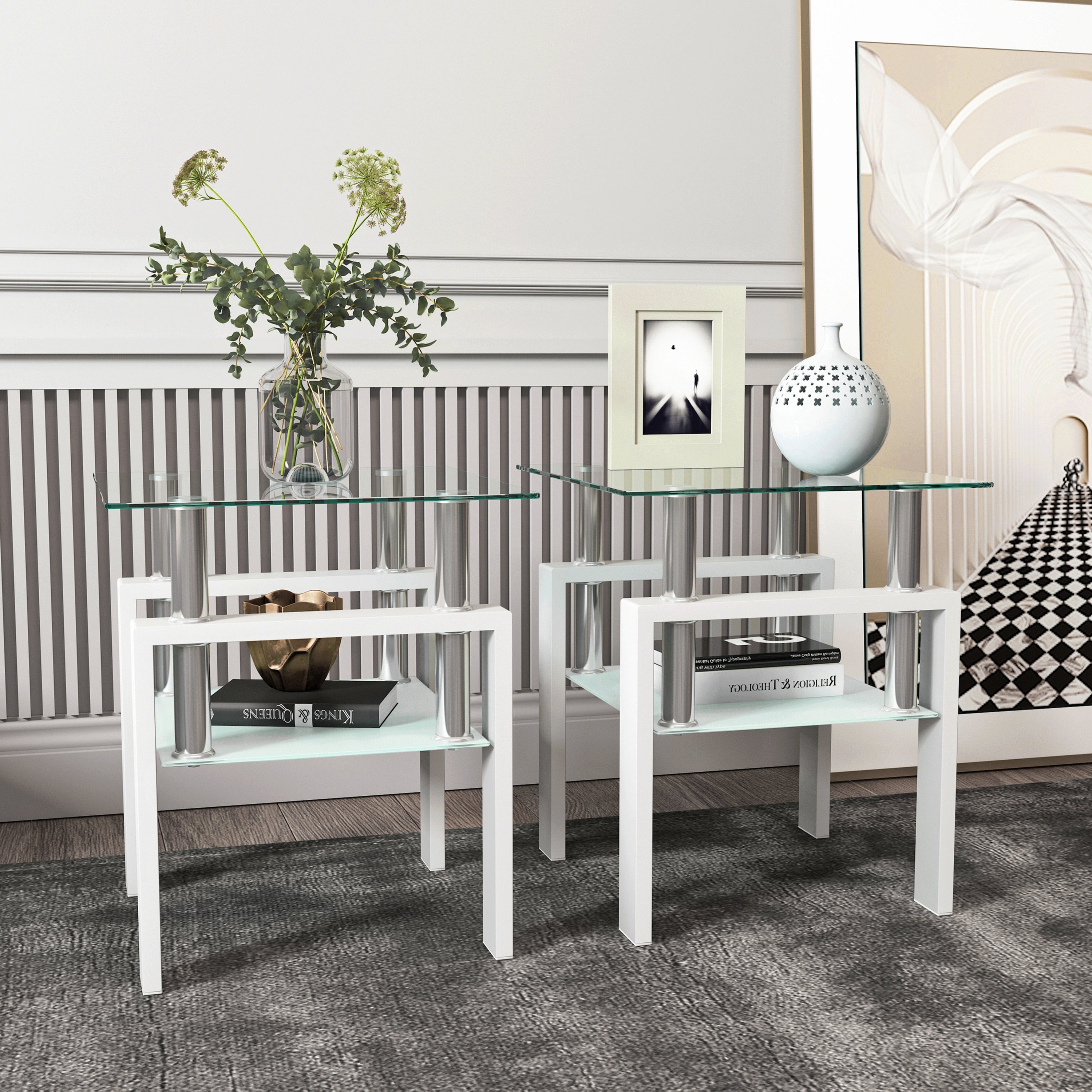 Set of 2, Modern Tempered Glass Tea Table Coffee Table End Table, Square Table for Living Room, Transparent/White - Grand Goldman Shop