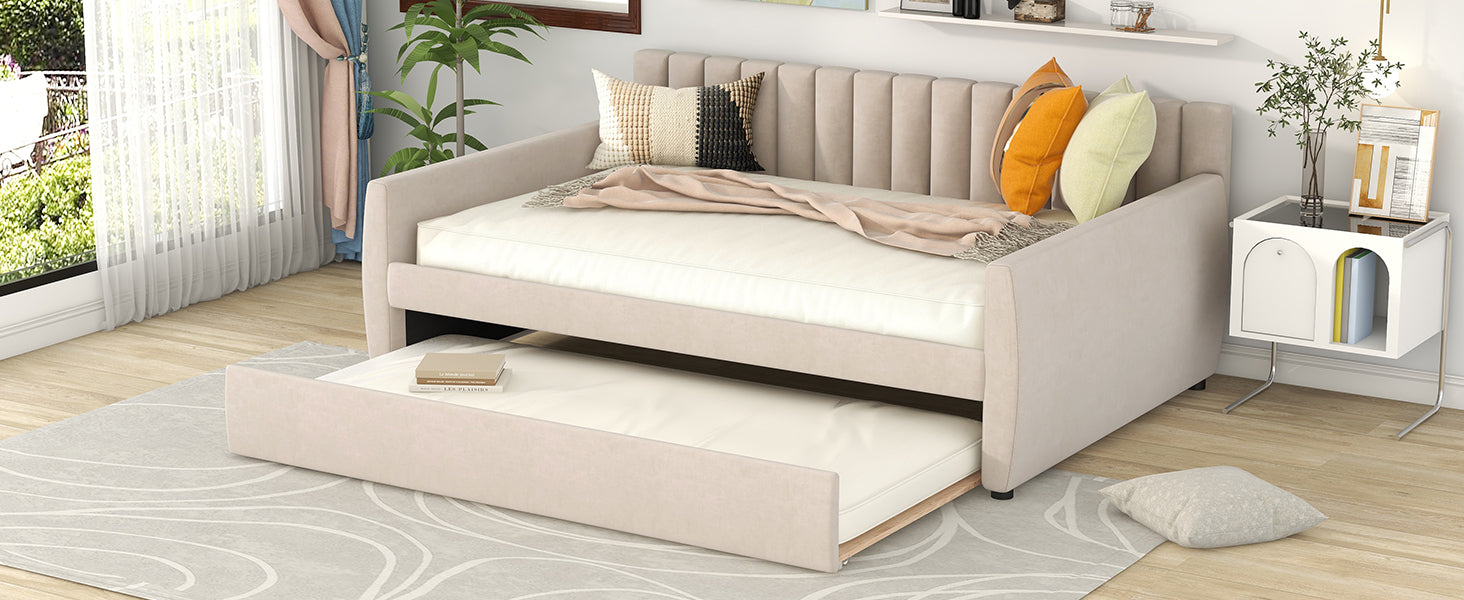 Full Size Upholstered daybed with Trundle and Wood Slat Support, Beige(Old SKU:LP000121AAA) - Grand Goldman Shop
