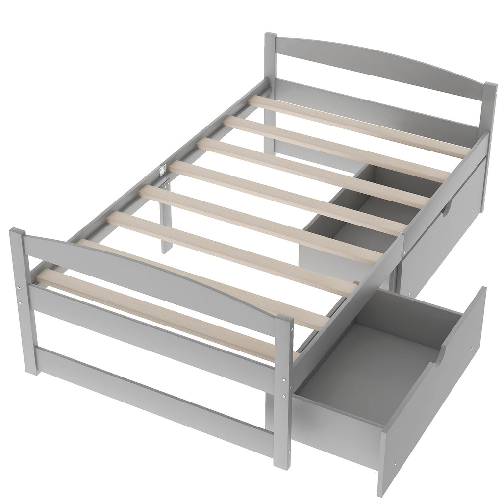 Gray Twin Size Platform Bed with Two Drawers, Pine Wood and MDF Construction - Grand Goldman Shop