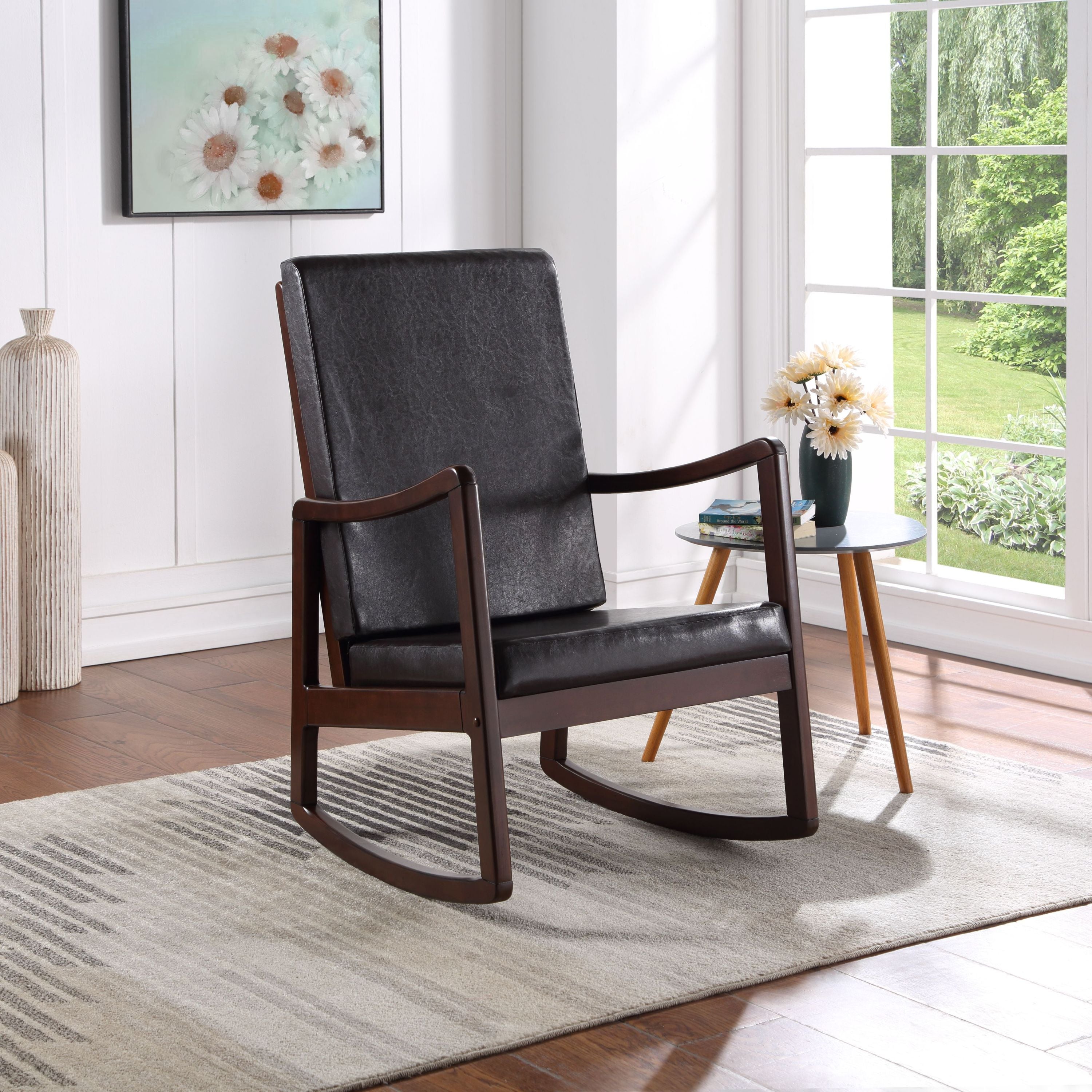 Raina Dark Brown Synthetic Leather & Espresso Finish Rocking Chair with Foam Cushioning, 220lb Capacity - Grand Goldman Shop