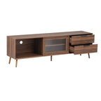 Modern Walnut TV Stand for 75+ TV, 70' Media Console with 2 Glass Doors, 2 Drawers & Storage Cabinet, MDF and Solid Wood Construction - Grand Goldman Shop
