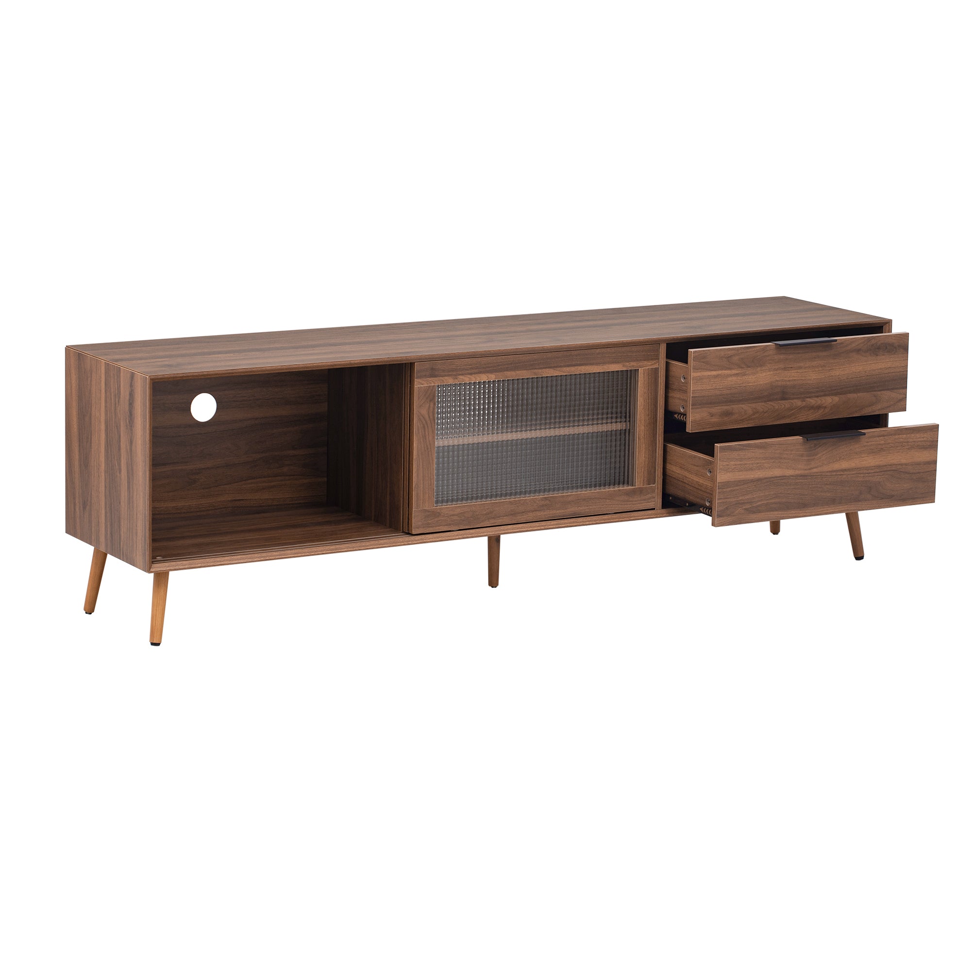 Modern Walnut TV Stand for 75+ TV, 70' Media Console with 2 Glass Doors, 2 Drawers & Storage Cabinet, MDF and Solid Wood Construction - Grand Goldman Shop