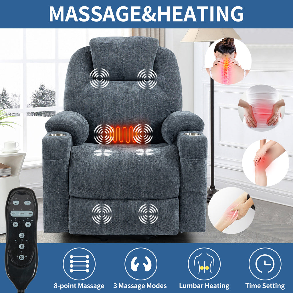 Up to 350 LBS Chenille Power Lift Recliner Chair, Heavy Duty Motion Mechanism with 8-Point Vibration Massage and Lumbar Heating, USB and Type-C Ports, Stainless Steel Cup Holders, Blue - Grand Goldman Shop
