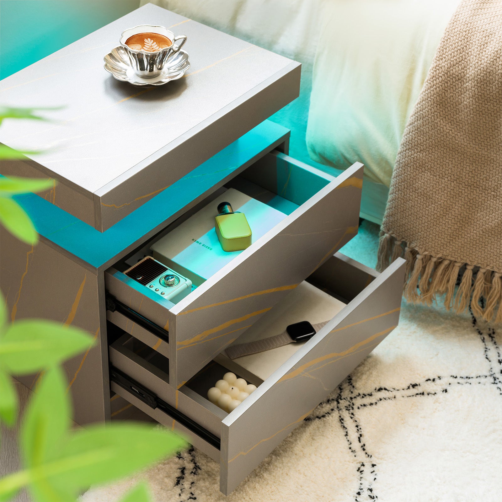Nightstand LED Bedside Table Cabinet Lights Modern End Side with 2 Drawers for Bedroom (Grey Gold) - Grand Goldman Shop