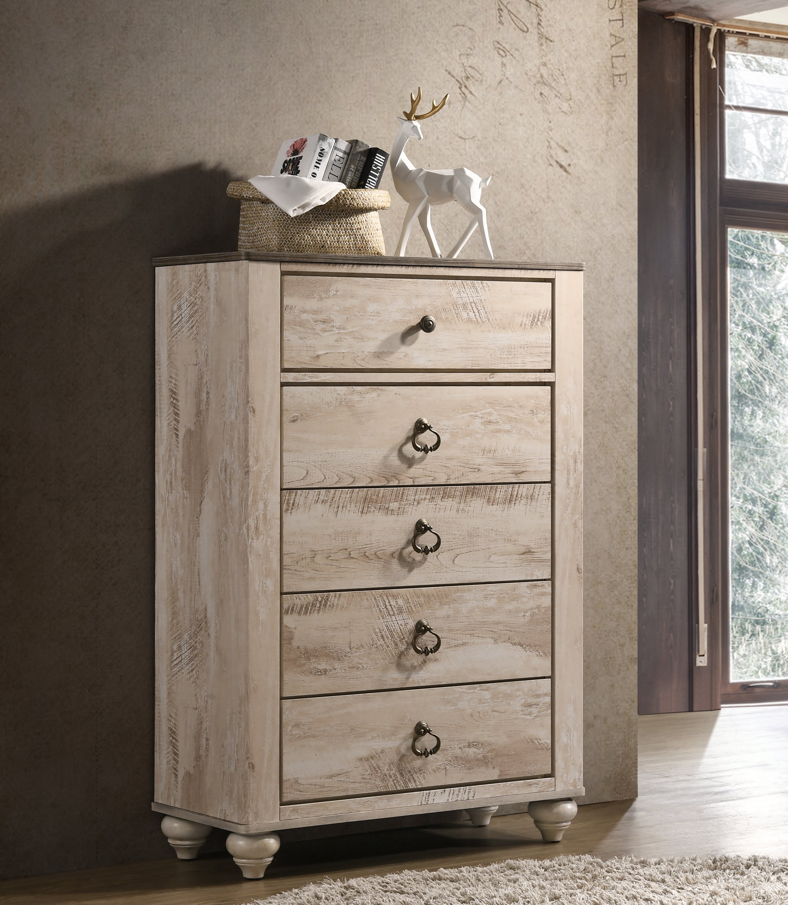 Imerland Contemporary White Wash Finish Bedroom Set, Queen Bed, Dresser, Mirror, Nightstand, Chest - Grand Goldman Shop