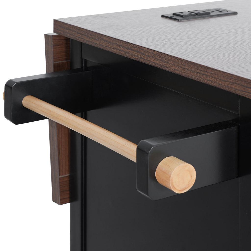 K&K 54.9' Kitchen Island with Drop Leaf, Power Outlet, Kitchen Storage Cart with 4 Door Shelves, Cross Barn Doors & Visual Glass Door, Rolling Kitchen Island on 4 Wheels for Kitchen, Dining Room,Black - Grand Goldman Shop