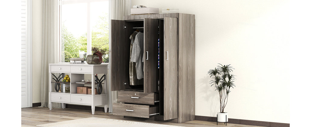 3-Door Wardrobe with 2 Drawers, Wood Grain Effect in Gray(OLD SKU:LP006001) - Grand Goldman Shop