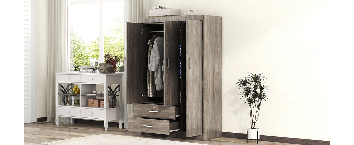 3-Door Wardrobe with 2 Drawers, Wood Grain Effect in Gray(OLD SKU:LP006001) - Grand Goldman Shop
