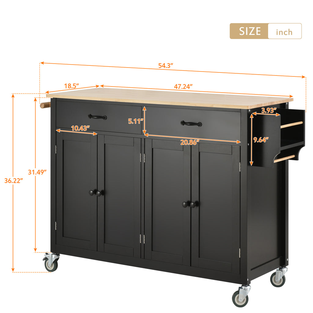 Kitchen Island Cart with Solid Wood Top and Locking Wheels,54.3 Inch Width,4 Door Cabinet and Two Drawers,Spice Rack, Towel Rack (Black) - Grand Goldman Shop