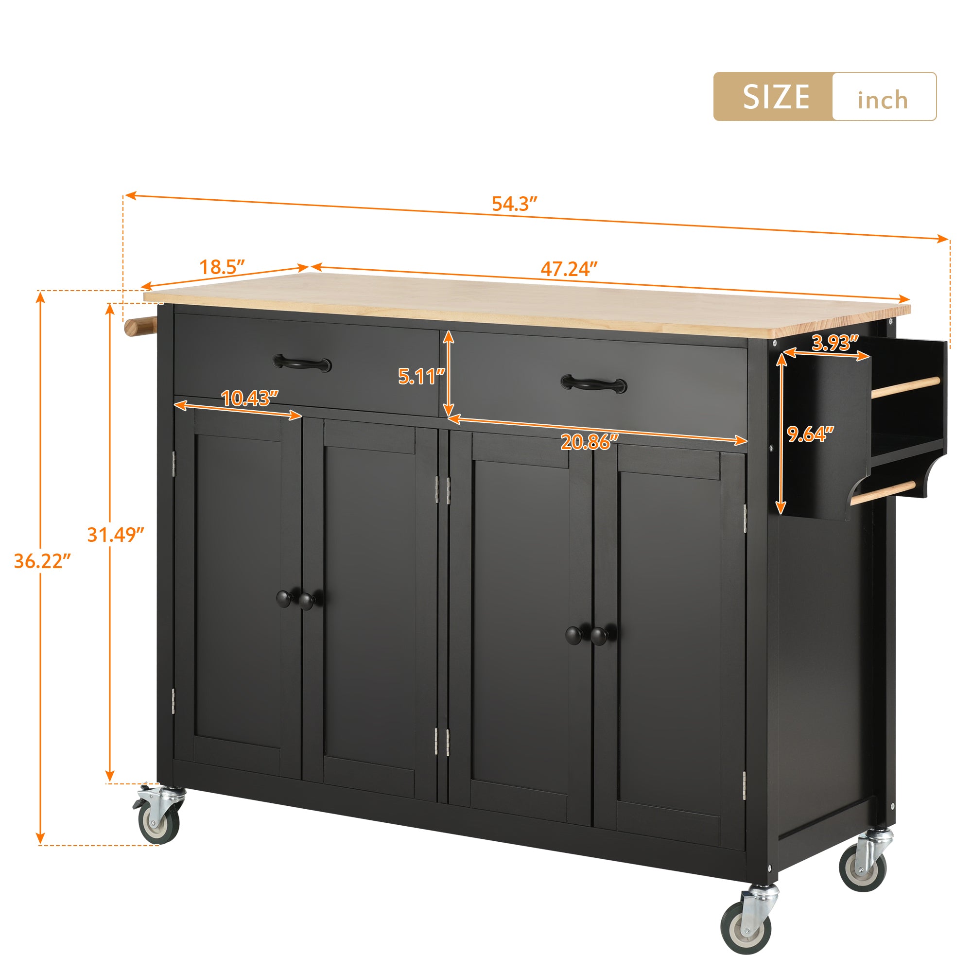 Kitchen Island Cart with Solid Wood Top and Locking Wheels,54.3 Inch Width,4 Door Cabinet and Two Drawers,Spice Rack, Towel Rack (Black) - Grand Goldman Shop
