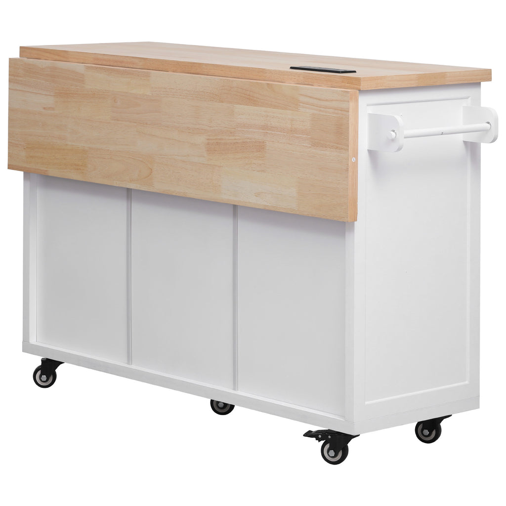 K&K 56.5'' Kitchen Island with Drop Leaf, Power Outlet, Embossed Vertical Stripe Rolling Kitchen Cart on Wheels with 4 Doors , 5 Deep Drawers and Adjustable Shelves, for Kitchen, Dining Room, White - Grand Goldman Shop