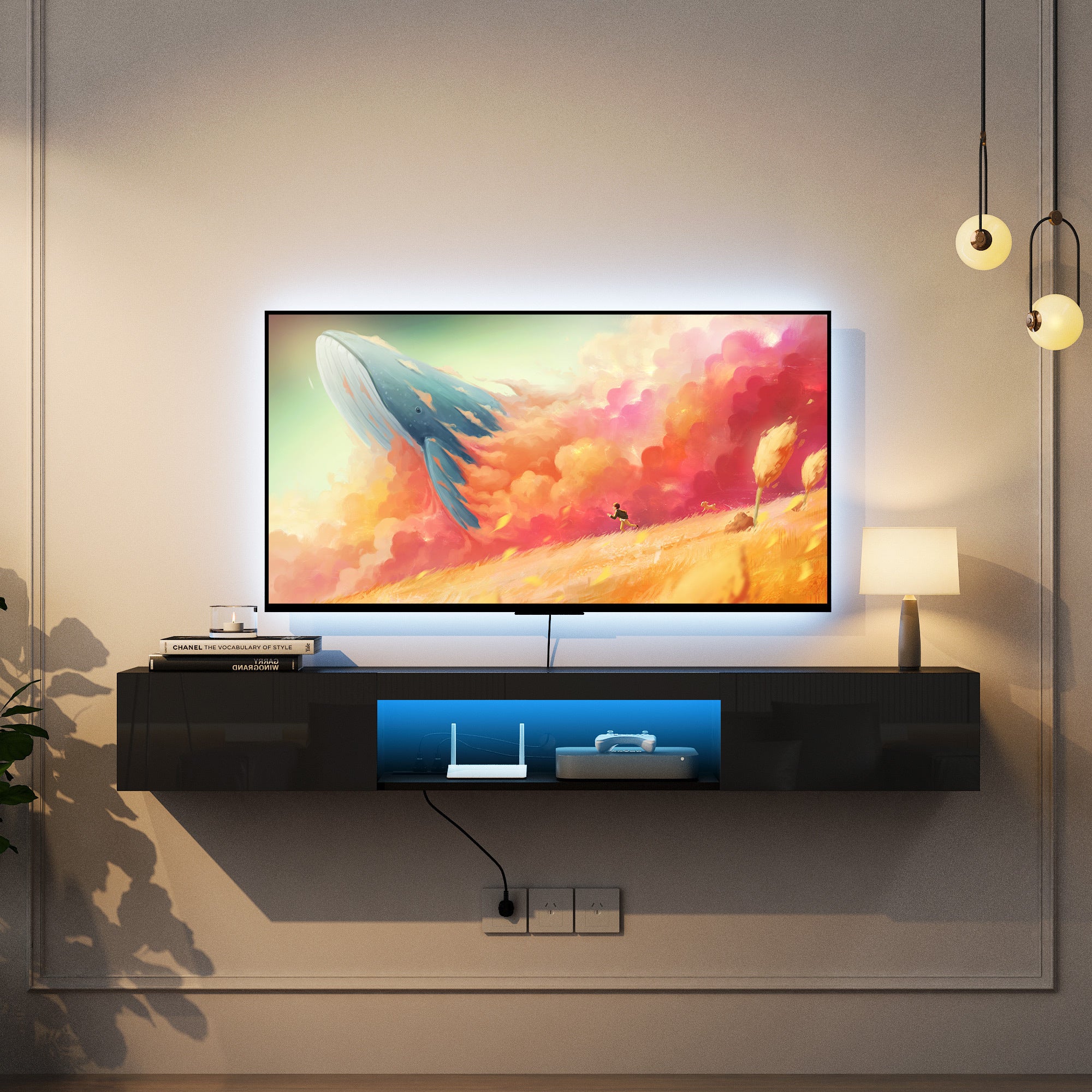 Floating TV Stand Wall Mounted with 16 Color LEDs,63' Modern TV Stand, Floating TV Cabinet Entertainment Center for 55 60 65 Inch TV,Black - Grand Goldman Shop
