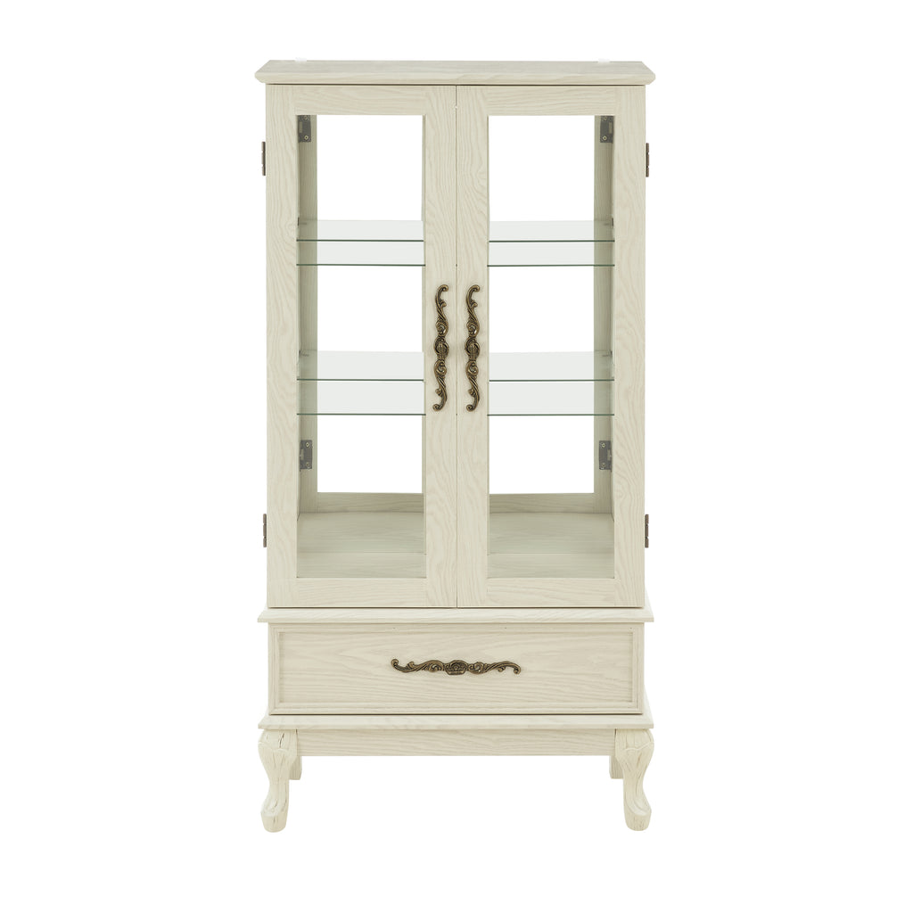 Curio Cabinet Lighted Glass Cabinet Glass Wine Cabinet Curio Display Cabinet with Adjustable Glass Shelves 2 Doors and 1 drawer Cabinet Sideboard With Bulb Included Antique White - Grand Goldman Shop