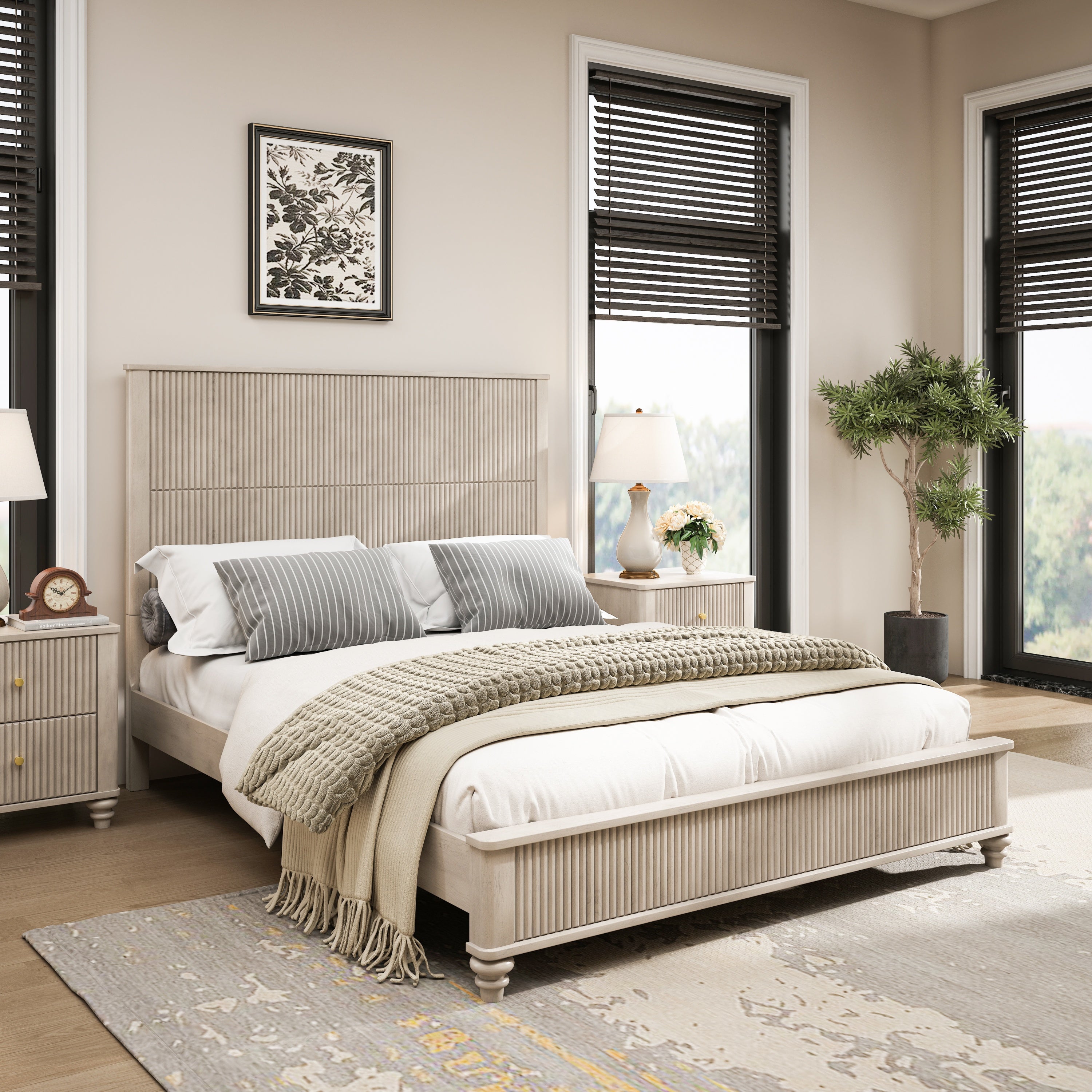 3-Piece Bedroom Set with Queen Size Bed and 2 Nightstands, Beige - Grand Goldman Shop