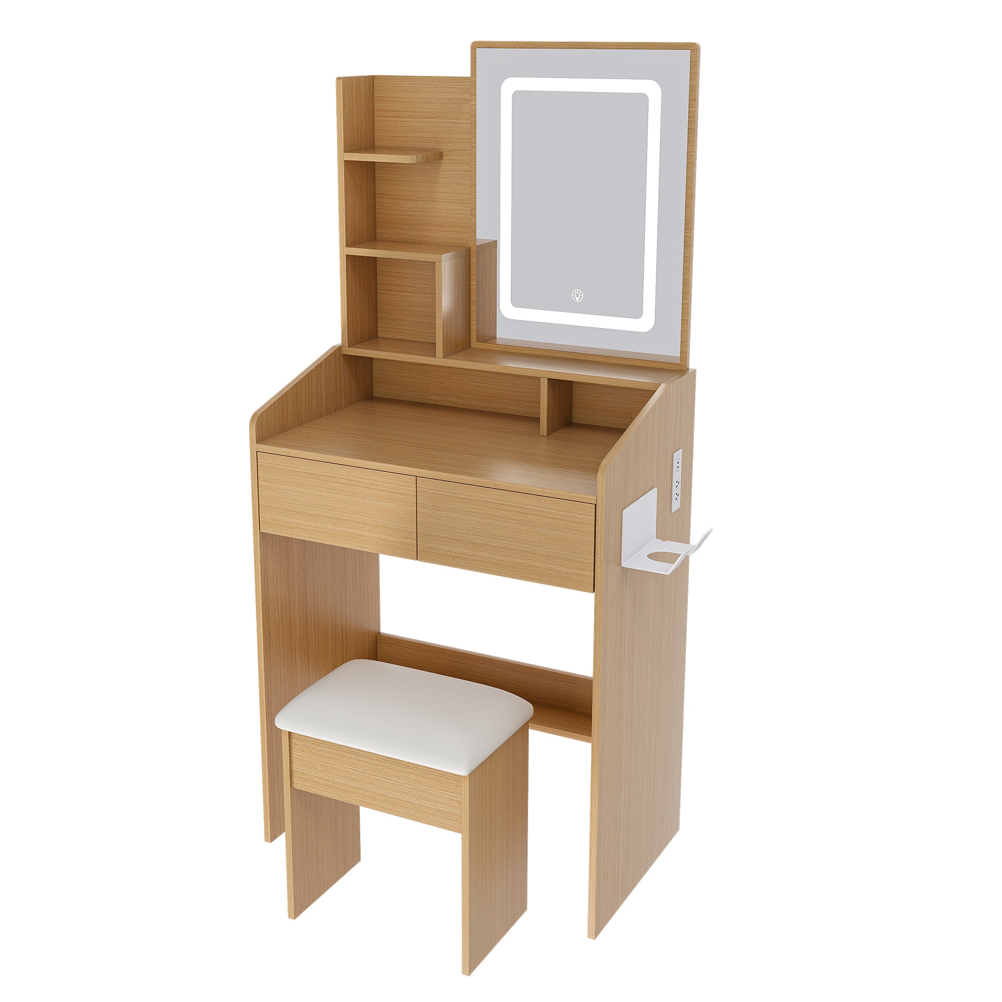 Modern Wood Vanity Table with LED Mirror, Power Outlet, Hairdryer Holder & Padded Stool – Compact Dressing Desk for Small Bedrooms - Grand Goldman Shop