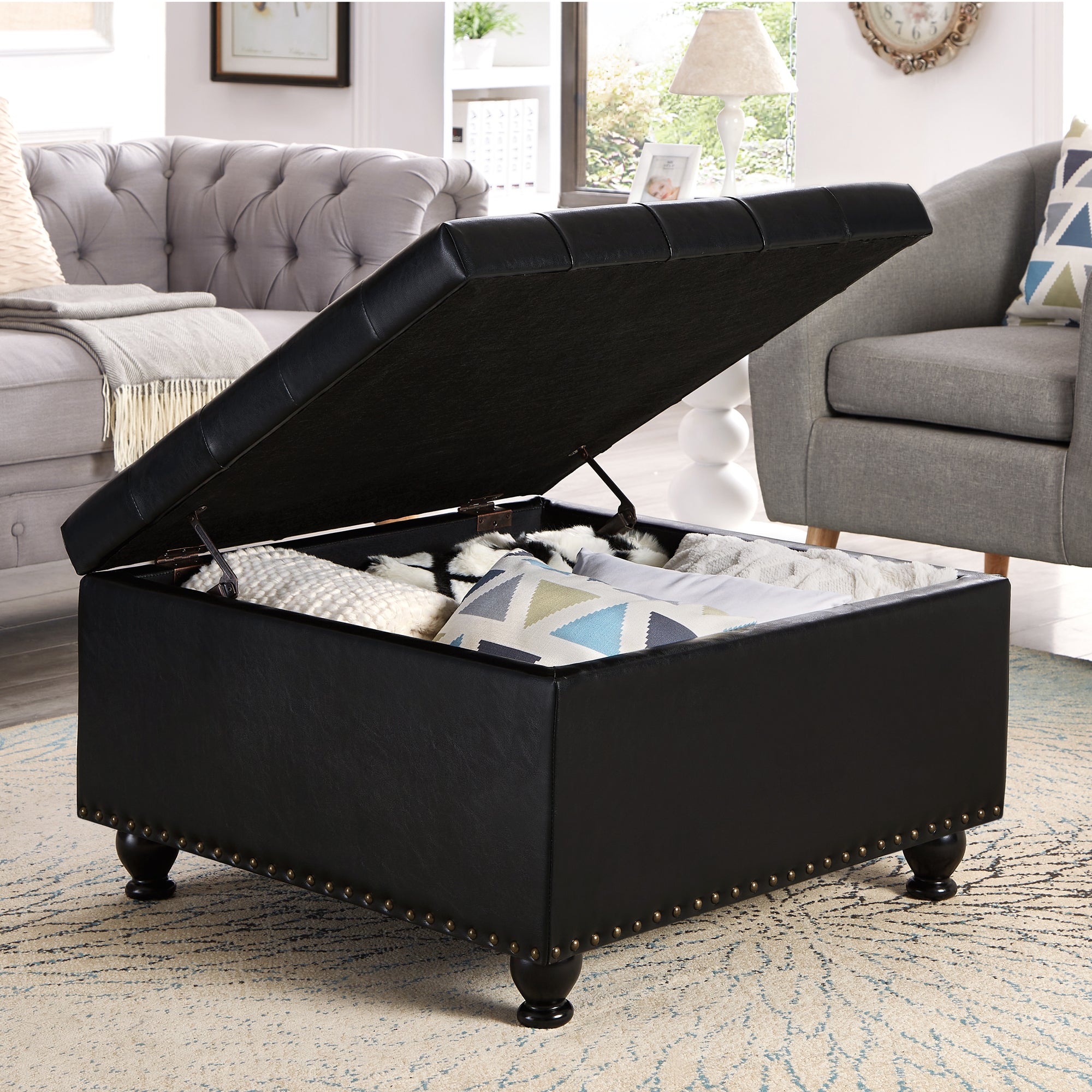 Large square storage ottoman with wooden legs, Upholstered button tufted coffee table with nail trims for Living Space, Black - Grand Goldman Shop