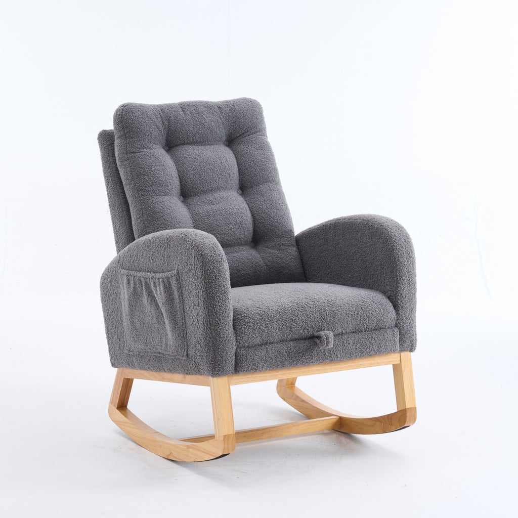 LY-5104 Dark Gray  Accent Rocking  Chair with  Footrest High Back Rubber Wood Rocking Legs Bedroom Living Space   26.77D X 38.36W X 39.76H Inch - Grand Goldman Shop