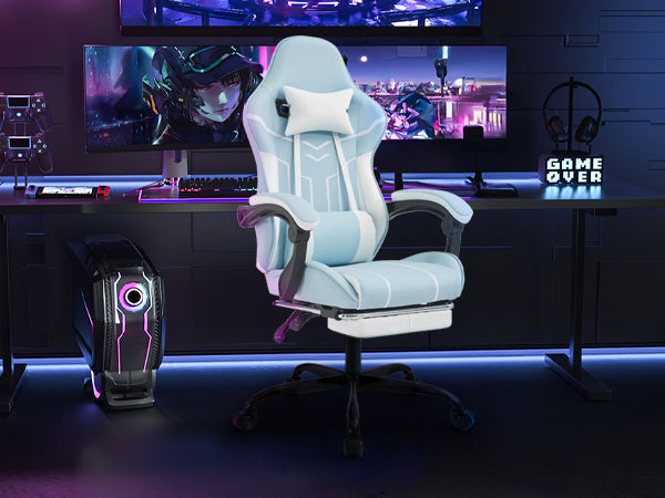 Gaming chair, Computer Chair Ergonomic Chair with Footrest Office Chair Ergonomic Computer Chair with Lumbar Backrest Bluewhi