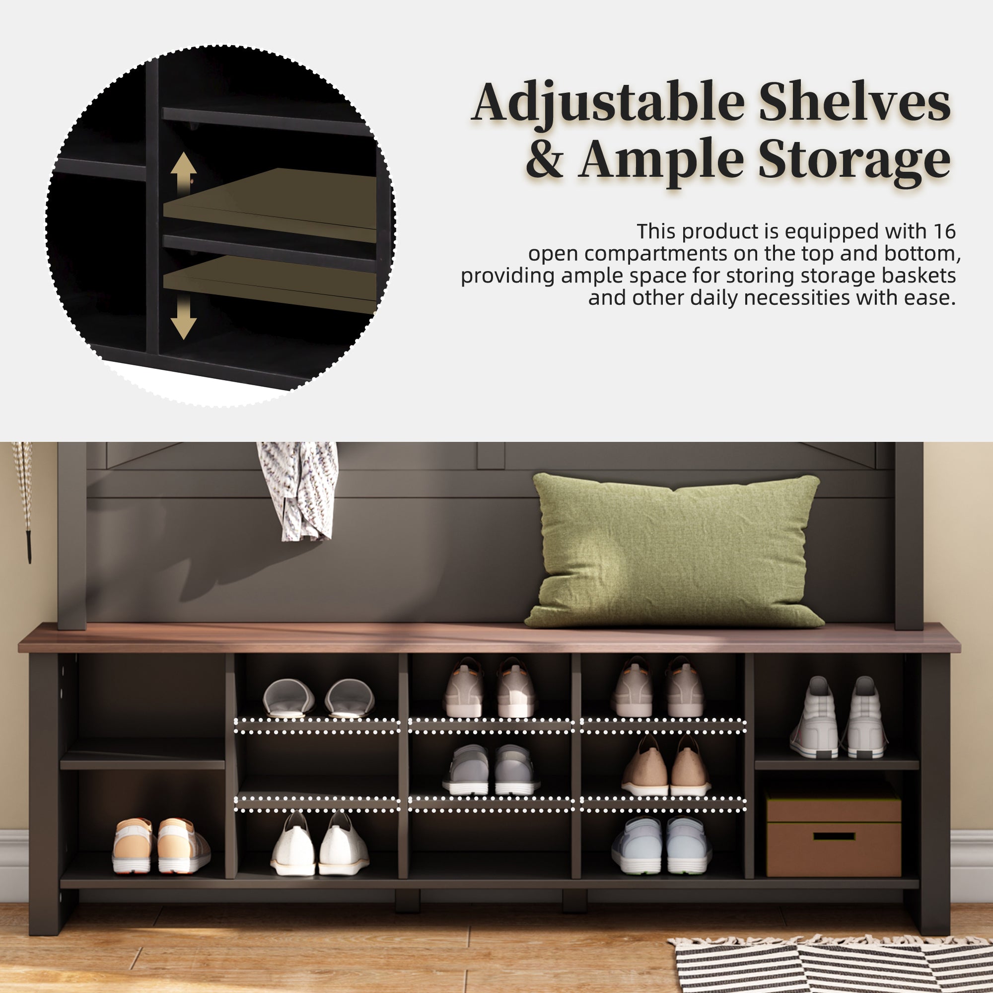 Farmhouse 4-in-1 Hall Tree with 6 Hooks, Practical Walnut Entryway Bench with Adjustable Shelves,  Wooden Shoe Organizer with 16 Compartments for Mudroom, Living Room, Black (OLD SKU: N721S000064B-1) - Grand Goldman Shop