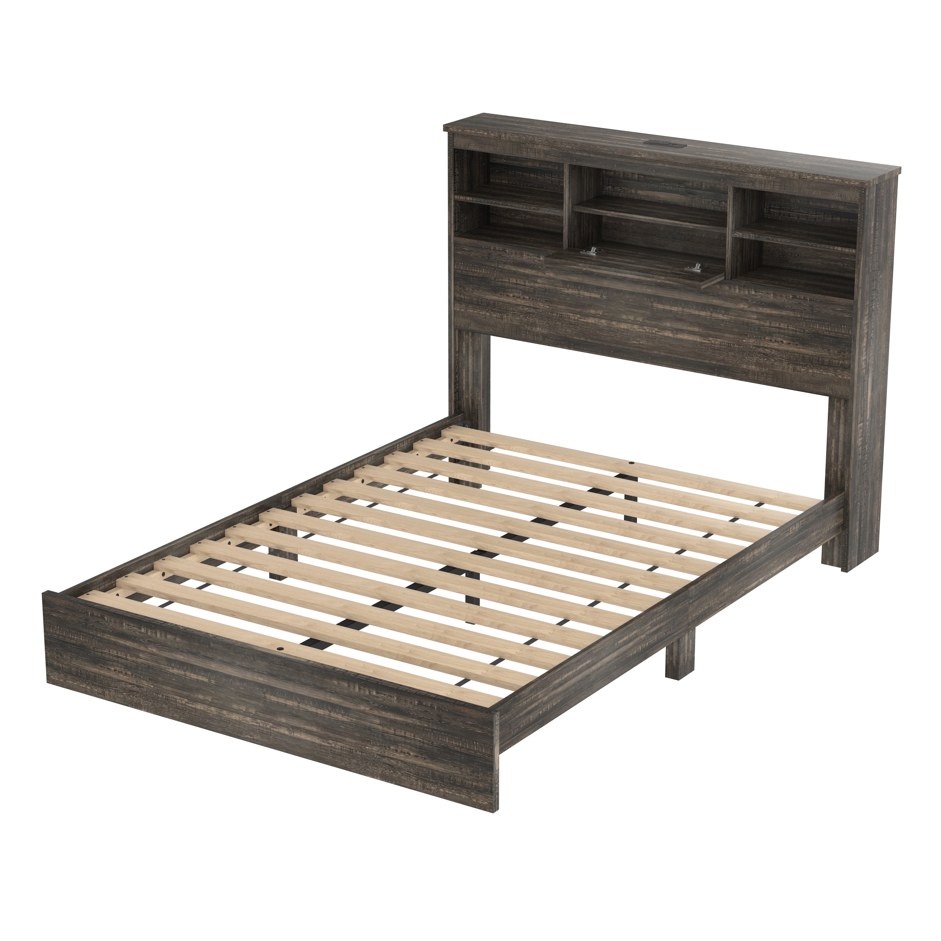 4PCS Bedroom Sets, Wooden Queen Size Bed Frame with Storage Headboard and Charging Station, 2 Nightstands with 2 Drawers, 1 Dresser with 5 Drawers, Antique Gray - Grand Goldman Shop